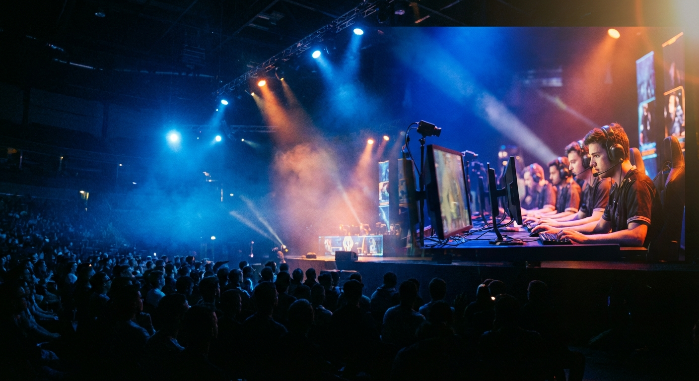 Esports gaming arena met CS2 en League of Legends toernooien